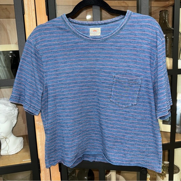 Faherty pocket tee crewneck short sleeves raw hem cropped oversized top striped - Picture 1 of 6